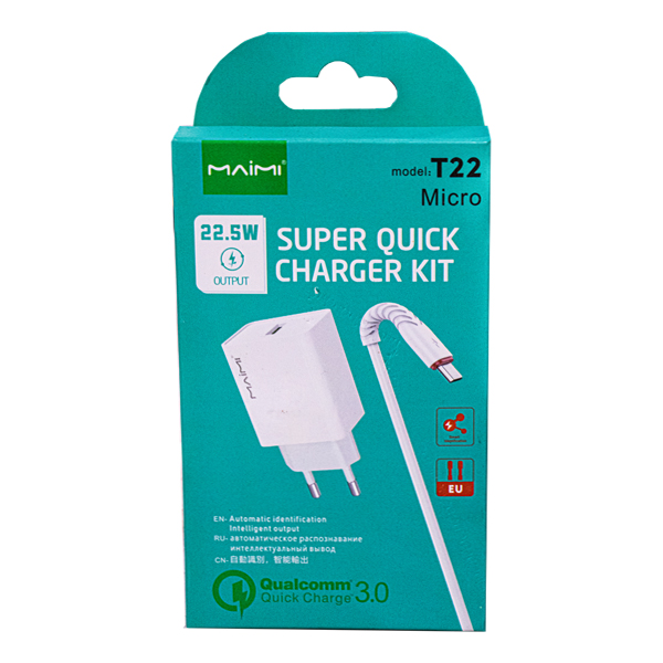 KIT CHARGEUR T22 MICRO USB QC 3.0 22,5W AVEC CABLE MICRO BLANC