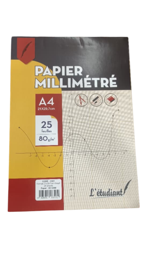 [STO:BLOC-00772] BLOC PAPIER MILLIMETRE ETUDIANT A4 25FEUILLES